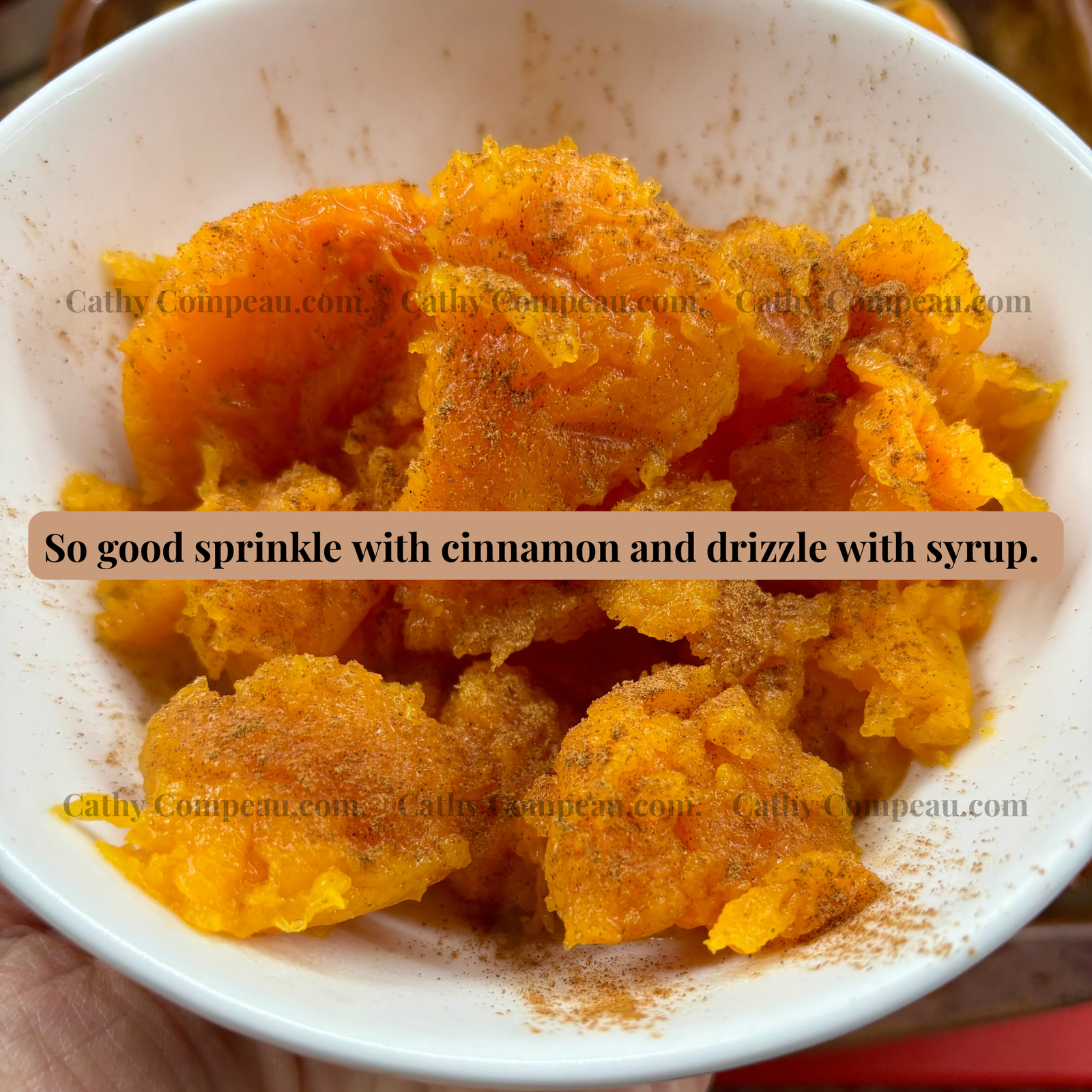 Easy oven baked butternut squash served with cinnamon and syrup.