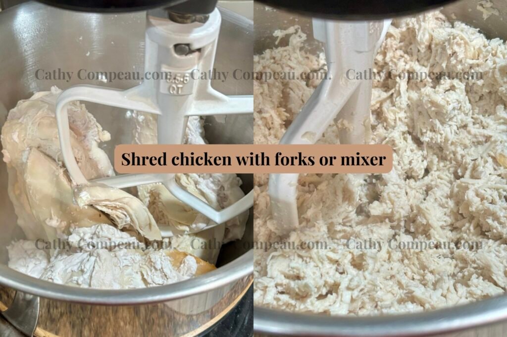 Shredded chicken using a KitchenAid mixer for homemade dog food.
