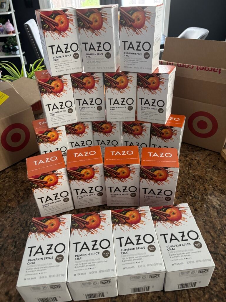 20 boxes of Tazo Pumpkin Spice Tea stacked. 