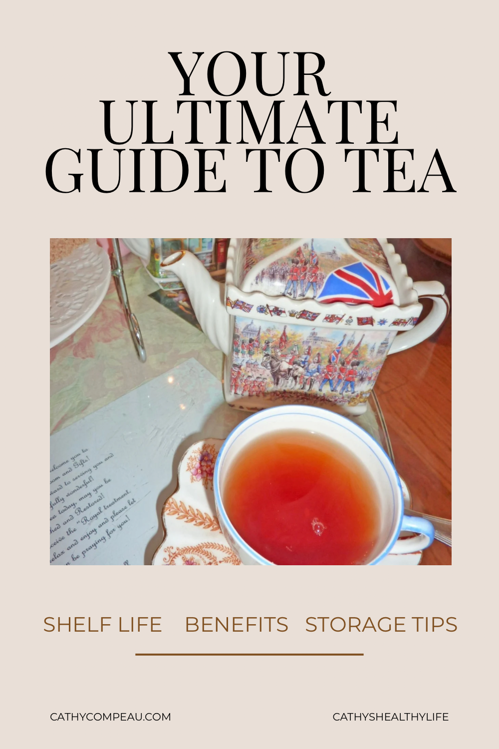 Cozy table scene with my favorite English teapot in London and a warm cup of tea, ready to pour and enjoy.