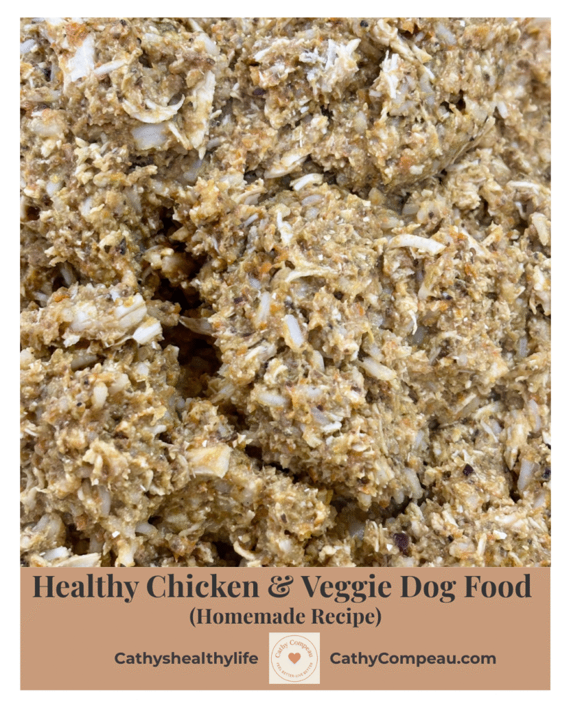 Healthy homemade dog food featuring chicken, vegetables and rice in a blended, ready-to-serve mix.