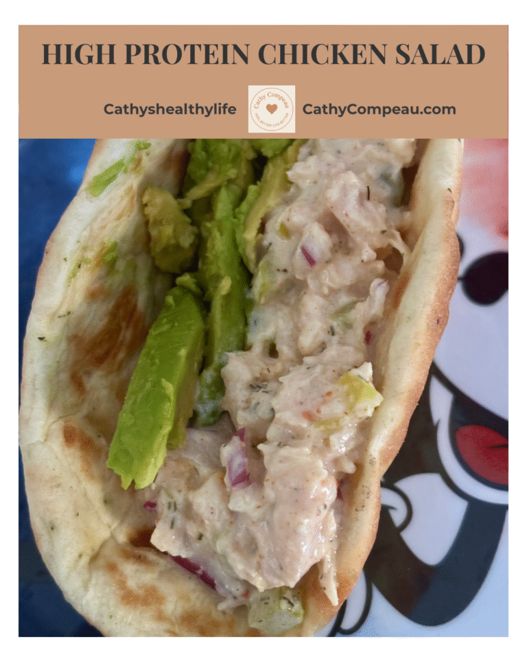 High Protein Chicken Salad in a pita with. Avocado sliced