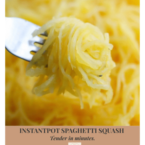 Instant Pot spaghetti squash twirled on a fork, featured on a Cathy’s Healthy Life recipe graphic promoting easy, tender spaghetti squash made in minutes.