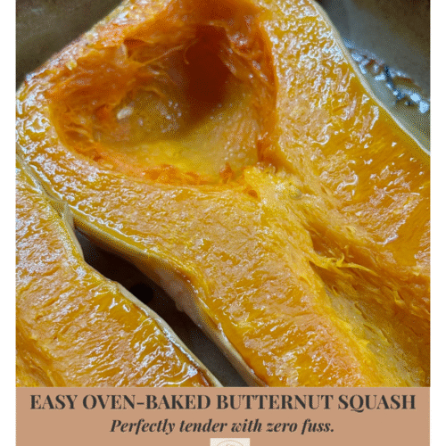 Close-up of roasted butternut squash halves on a baking sheet, golden and caramelized after baking, showing tender texture and rich orange color.