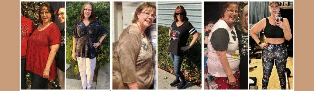 Midlife woman showing her 100 pound weight loss.
