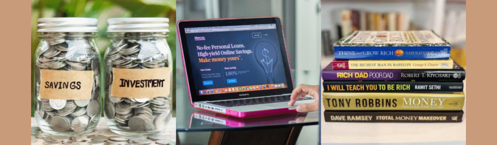 Money books, saving jar with coins and laptop with Marcus Goldman Sachs account