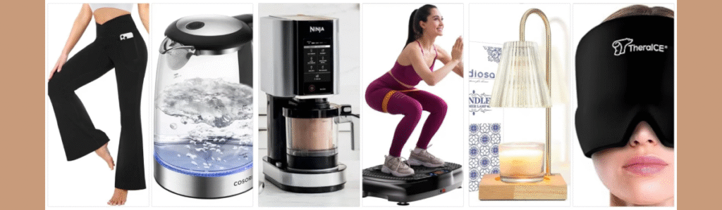 My favorite things: legging, tea kettle, Ninja Creami, vibration plate, candle warmer, TheraIce