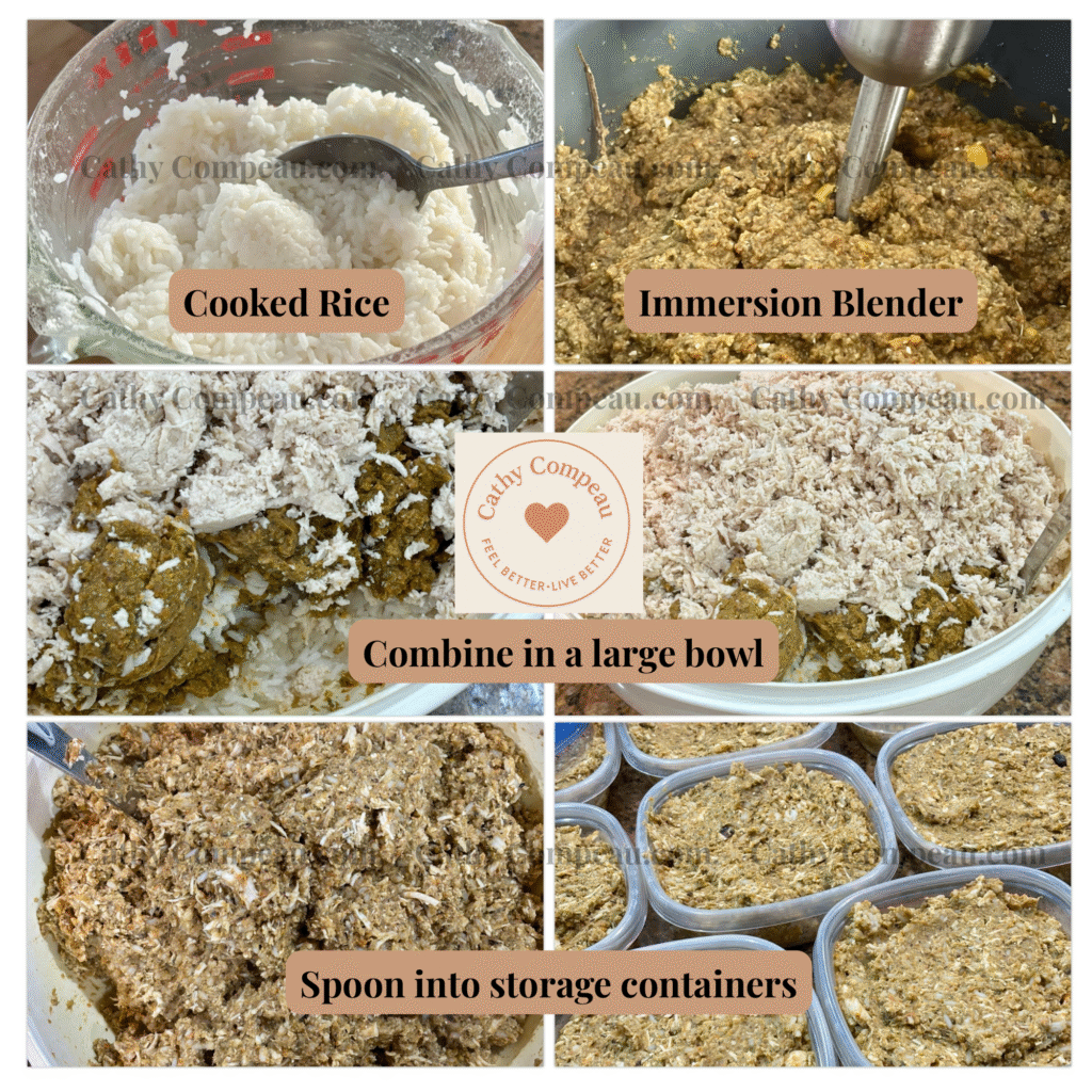A step-by-step photo collage showing how to make homemade dog food: cooked white rice, blending cooked vegetables with an immersion blender, combining shredded chicken, blended veggies, and rice in a large mixing bowl, and spooning the finished mixture into multiple storage containers.