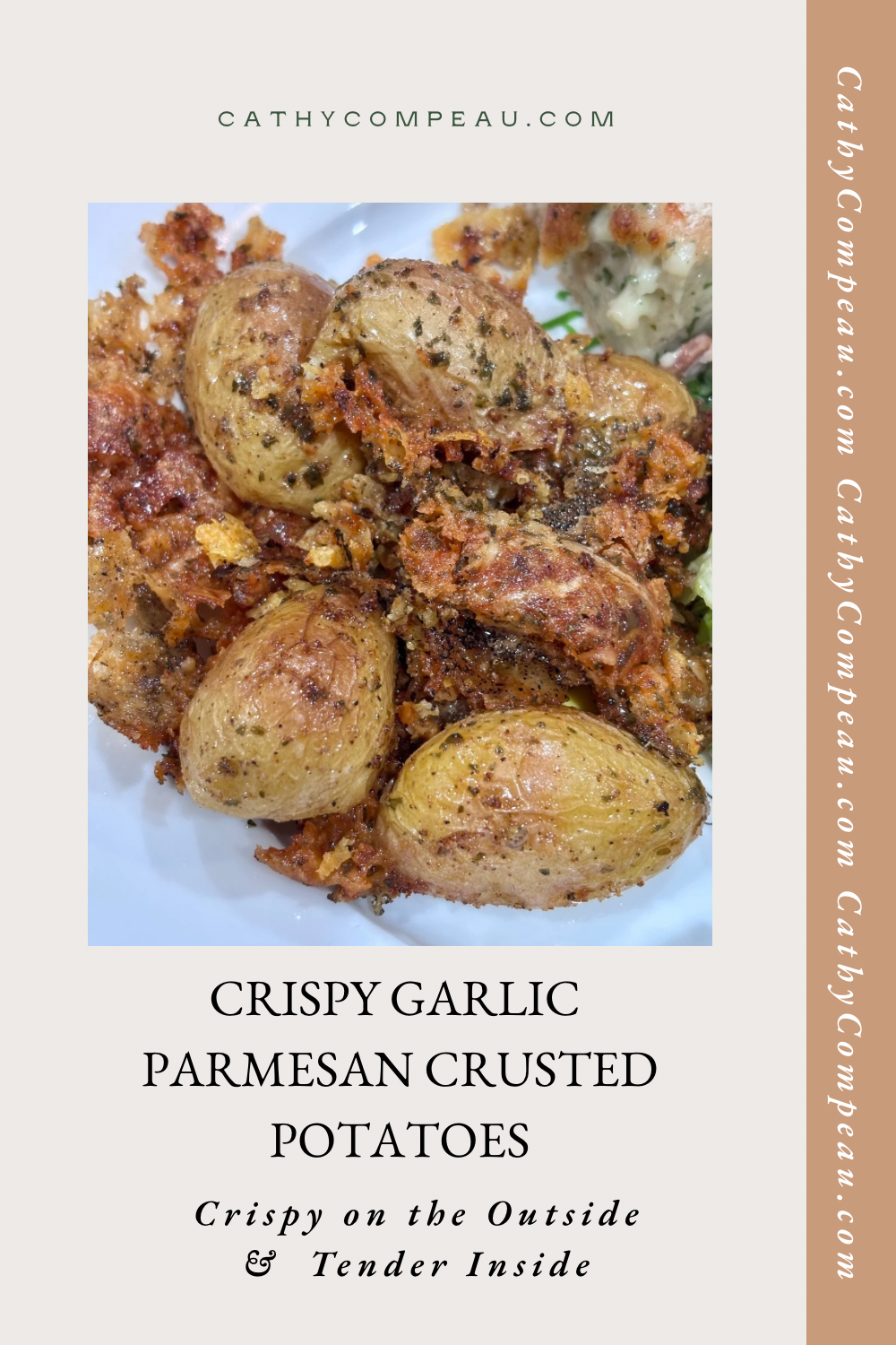 Crispy garlic parmesan crusted potatoes with golden crust and tender centers on a white plate