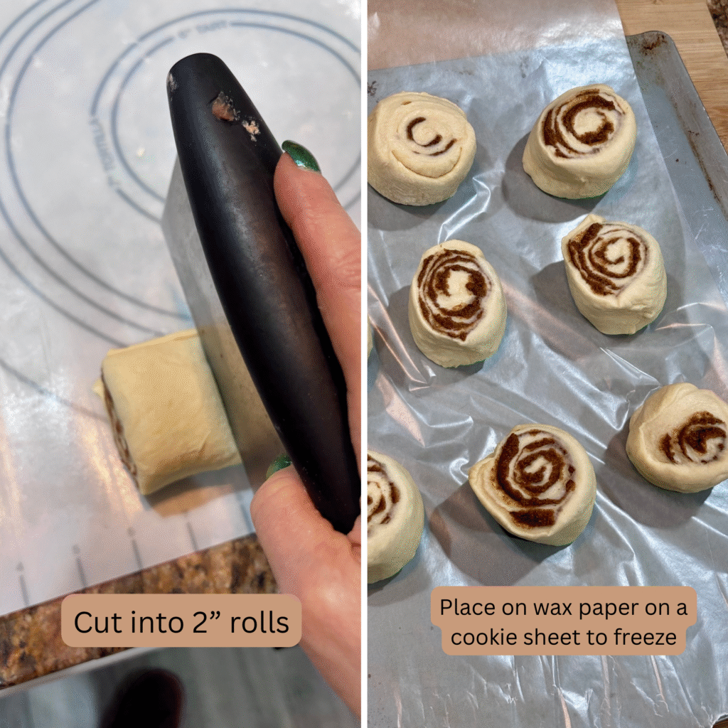 Cutting cinnamon roll dough into 2-inch slices