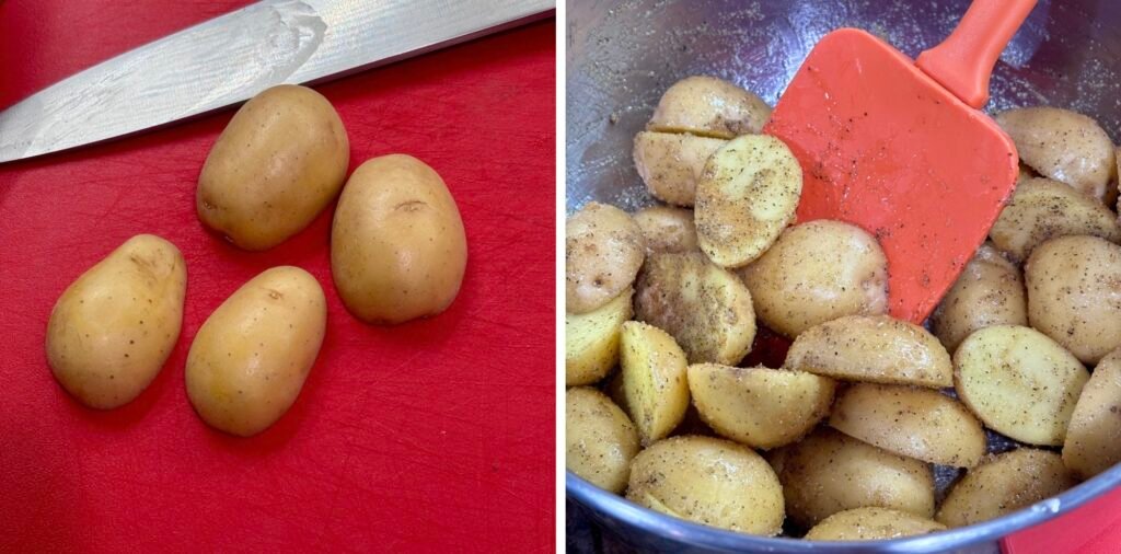 Mini Yukon gold potatoes washed and cut in half on a cutting board