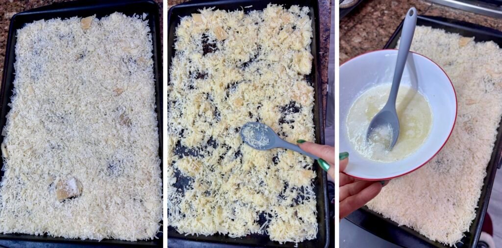 Parmesan cheese and melted butter combined on a baking sheet 