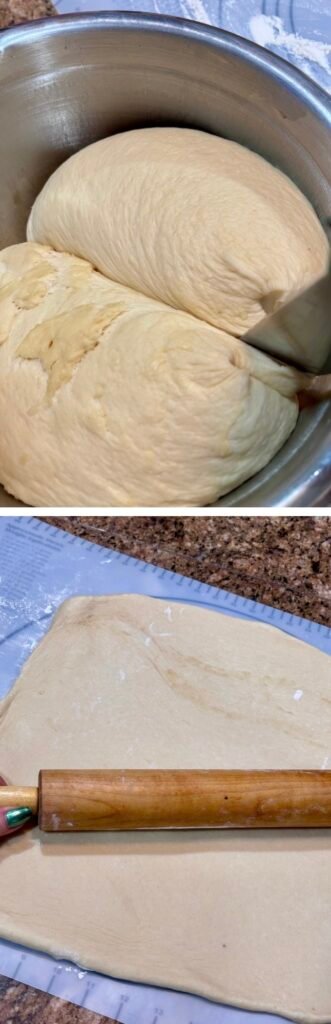 Cinnamon roll dough rolled into a rectangle on a floured surface