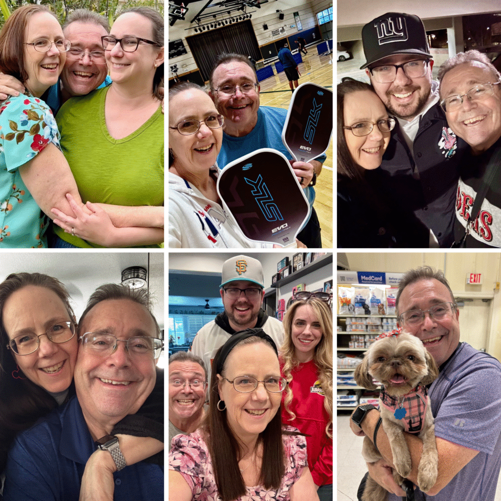Midlife empty nesters living life, smiling, laughing, playing pickleball and being with friends and family. 