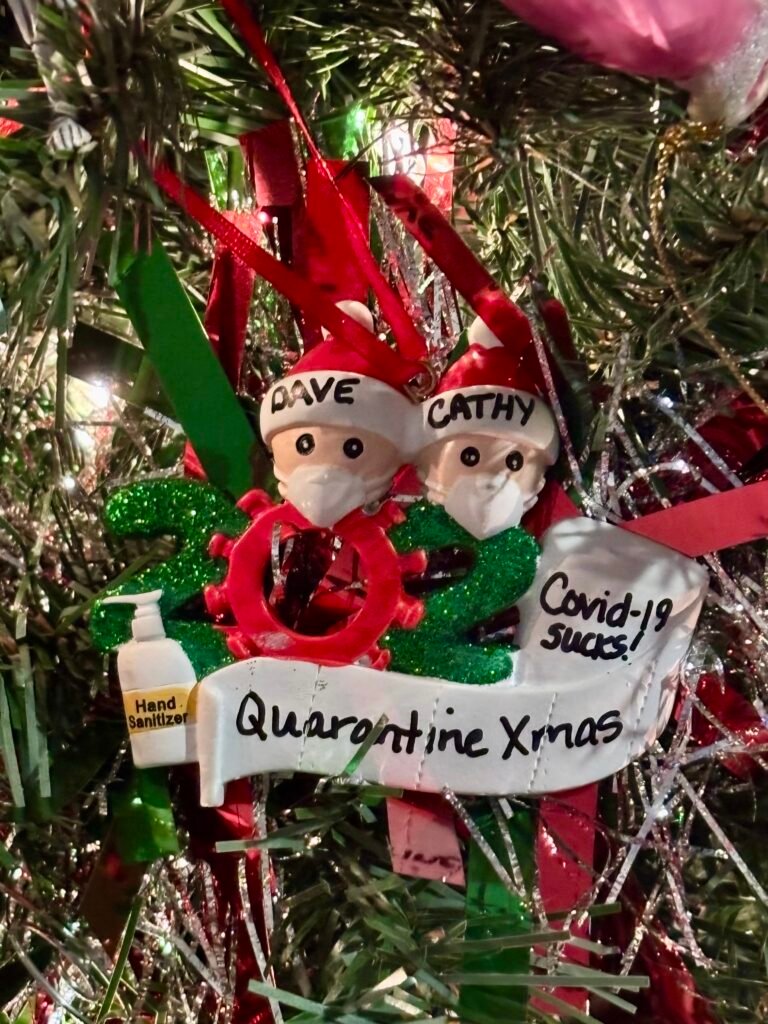 2020 Covid-19 Quarantine Christmas ornament hanging on the Christmas tree.