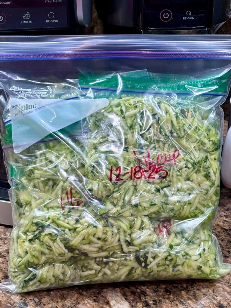 Gallon freezer bag holding multiple portioned zucchni freezer bags