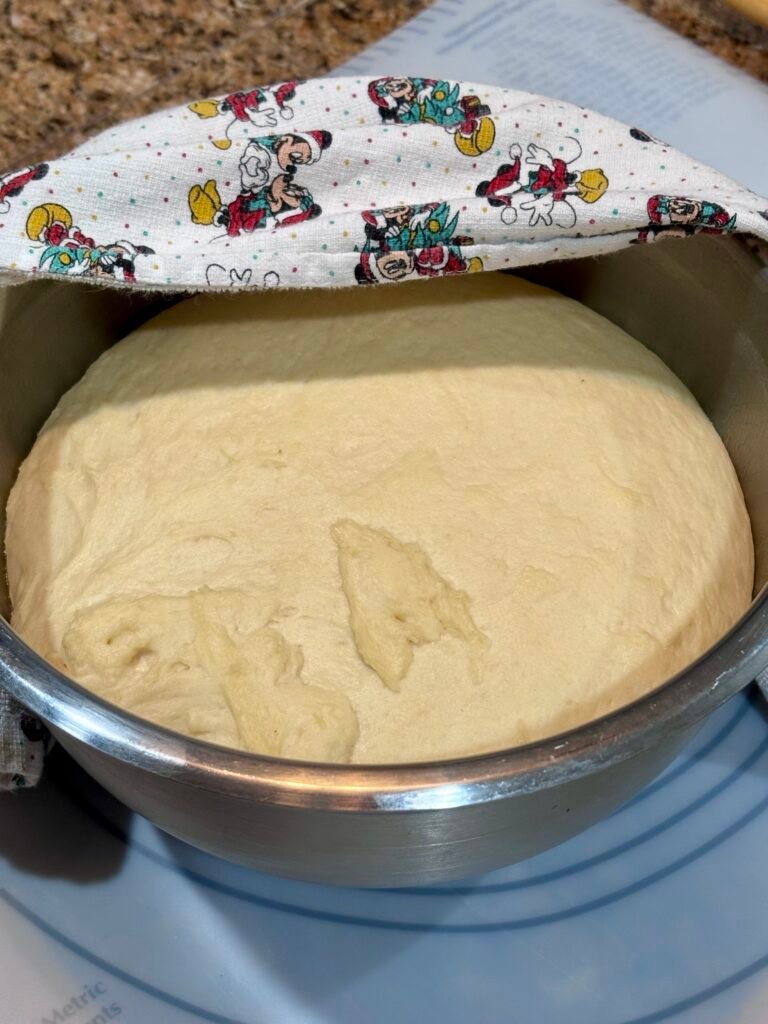 Soft cinnamon roll dough rising in a bowl before shaping