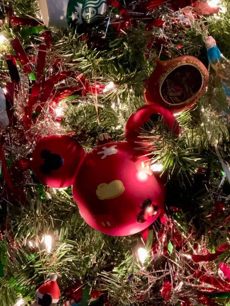 Red Mickey Mouse glass Christmas ornament from Disneyland