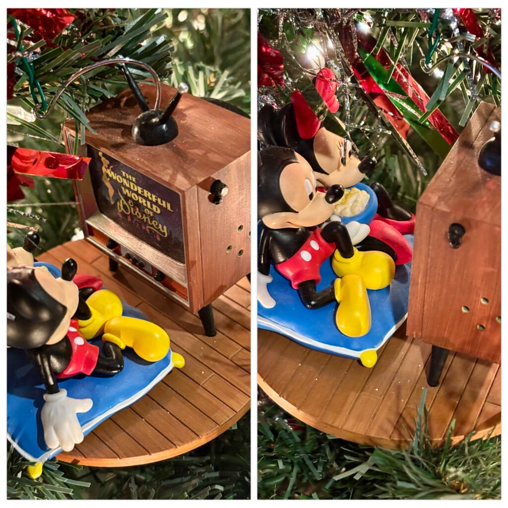 World of Disney Mickey & Minnie Christmas ornament on a Christmas tree.