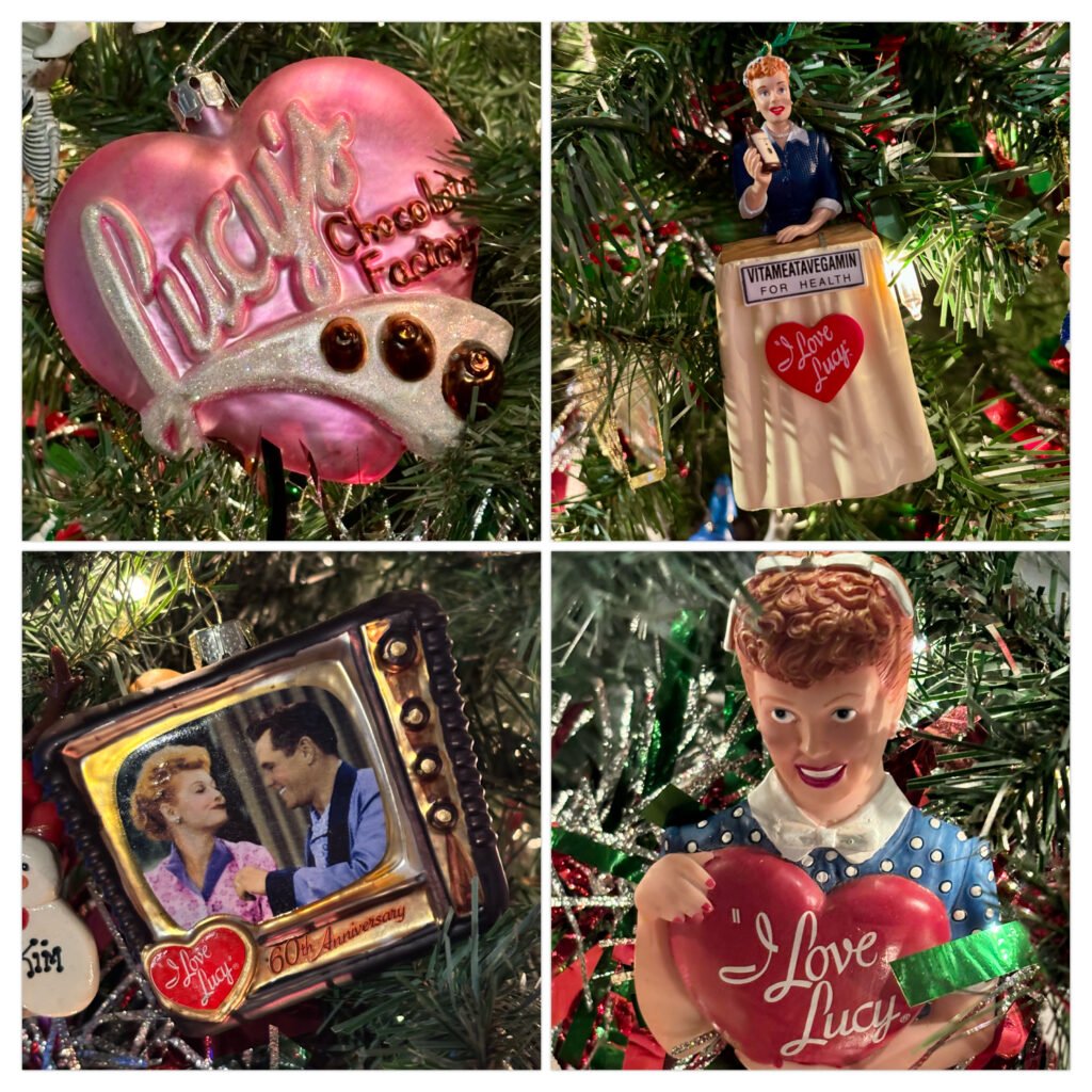 Collection of four I Love Lucy Christmas ornaments hanging on a Christmas tree.