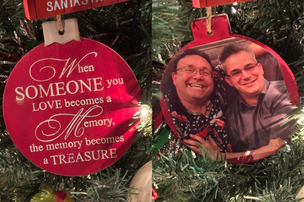 Red Christmas ornament memory of two best friends. 