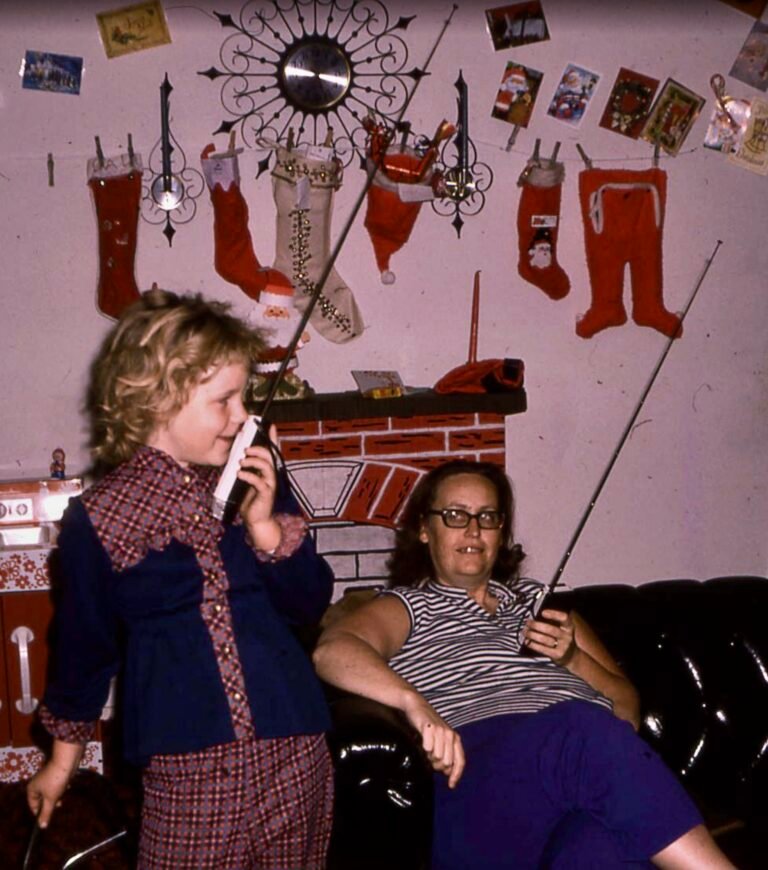 Stockings hanging on the wall in the living room in the 1970s