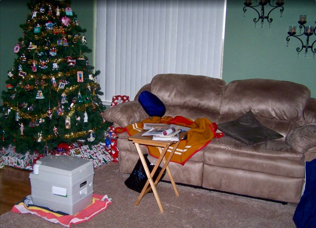 Camping portable toilet near the Christmas tree