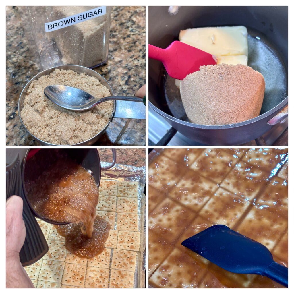 Steps showing brown sugar and butter being melted into caramel and poured over saltine crackers for Christmas crack