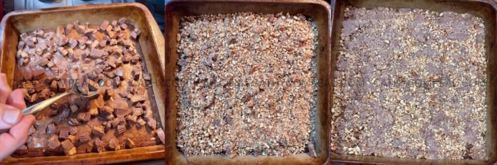 Brownie batter being spread and baked in a square pan for peanut butter crack brownies