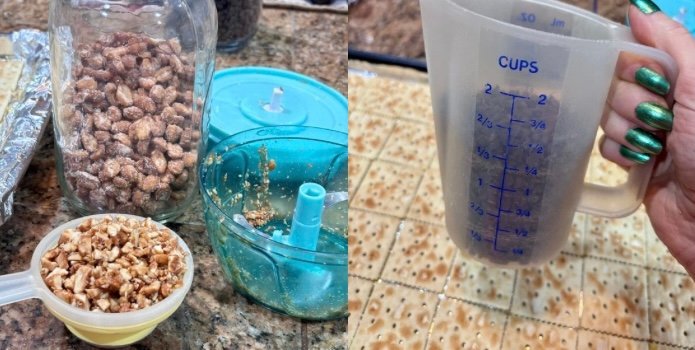 Honey roasted peanuts chopped and mini chocolate chips in a measuring cup. 