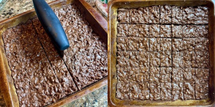 Peanut butter crack brownies cut into bite size squares in a baking pan