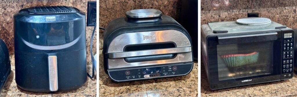 3 air fryers on the counter